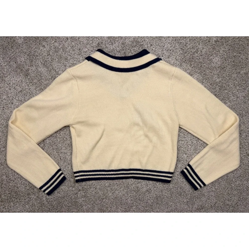 Cherry Mellow Sweater Varsity Graphic Knit Large Cream Preppy Cropped Pullover